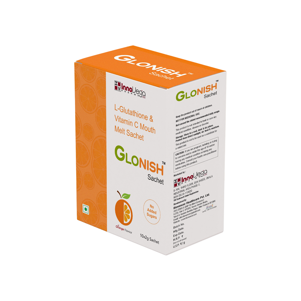 GLONISH glutathione vitamin C mouth melt sachet orange flavour no added sugar